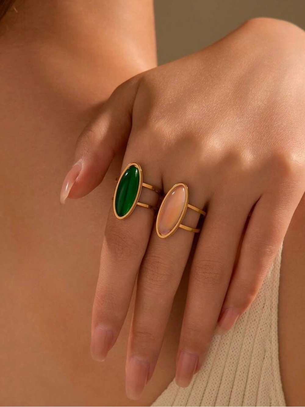 Gold-Set Oval Gemstone Stacking Rings in Green and Pink